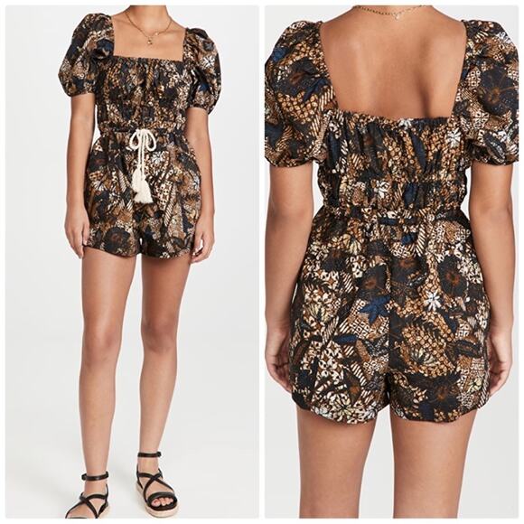 Ulla Johnson Women's Floral Alegria Square Neck Puff Sleeve Romper Size 12 - Picture 1 of 6